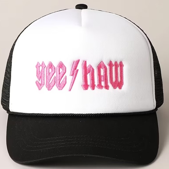 White and Black Yee Haw Trucker Hat Pink Embroidery Mesh Back Adjustable NWT - Picture 3 of 4